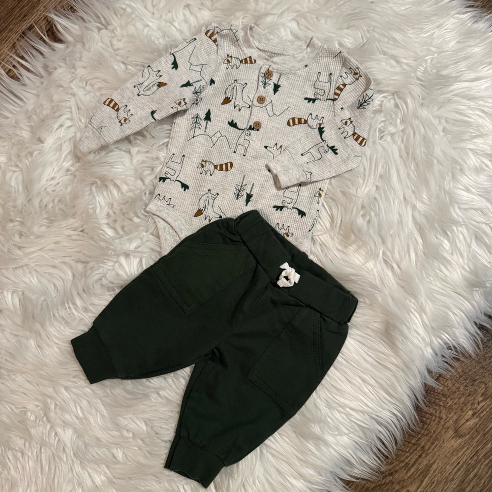 Carter’s Baby Boy 3M Woodland Animal Bodysuit Jogger Pants‎ Outfit Set